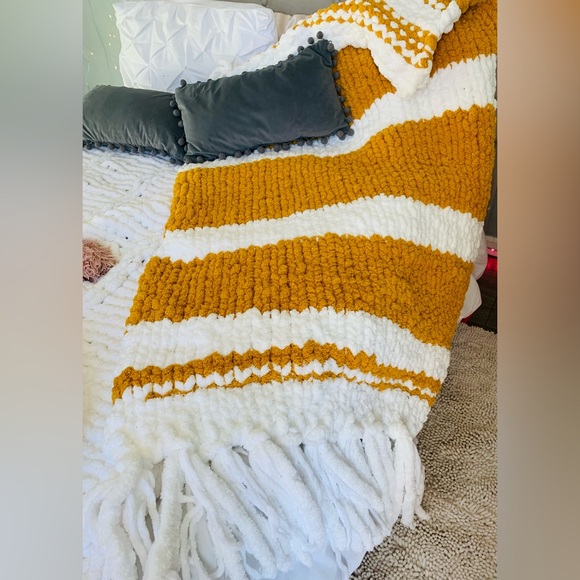 Chunky Boho knit blanket hand made Rare Mustard And White